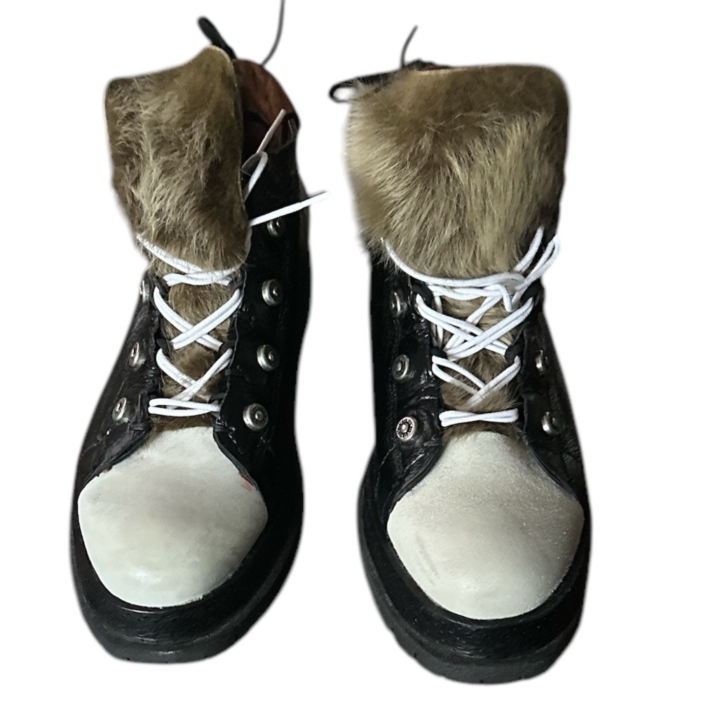 FREE PEOPLE A.S.98 Black White faux fur tongue lug suede chunky leather Shoes